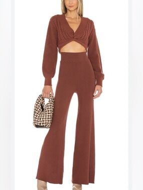 Free People nwt Emilie Cherry cola two piece wide leg pants and sweater set Med